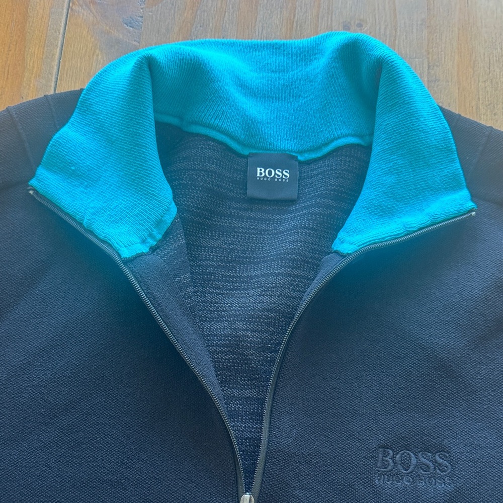 Boss Men's Black and Teal Zip-Up Sweater